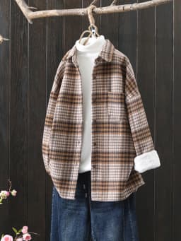Winter New Women Vintage Oversize Woolen Plaid Shirts Warm Full Sleeve Thick Trun-down Collar Fleece Blouse Casual Outwear T1O90