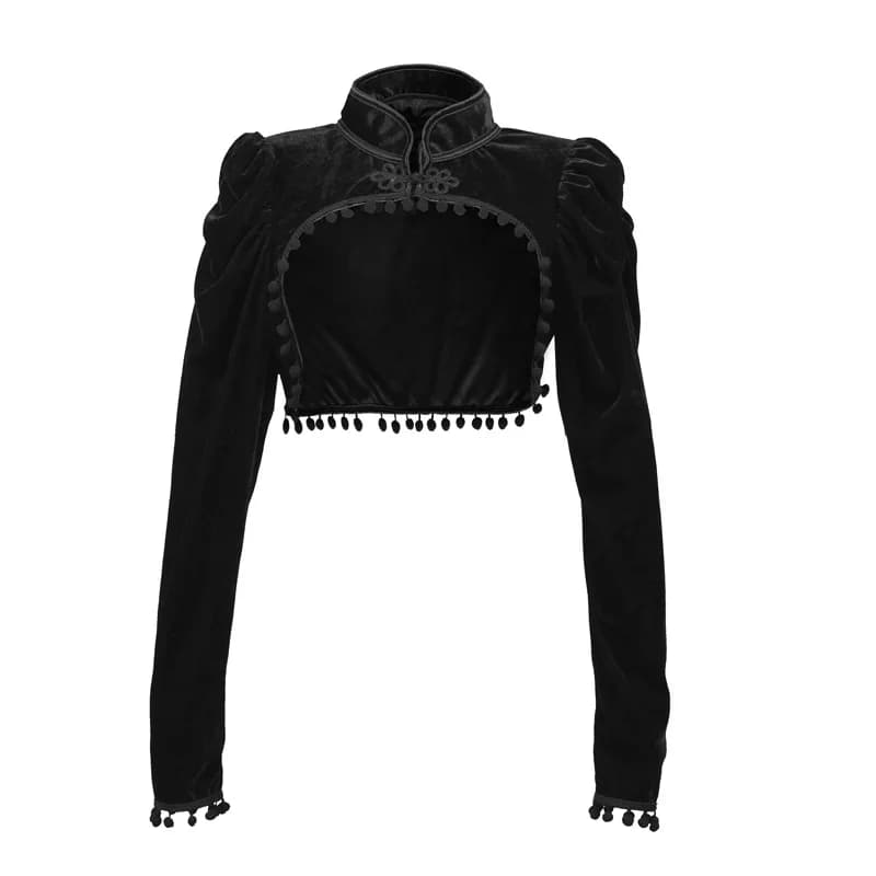 Flannel Tassels Stand Collar Extra Short Medieval Steampunk Jacket Women Gothic Coat Black y2k Clothes Vintage Top With Sleeves