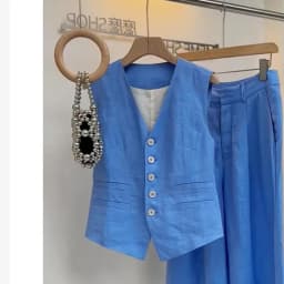 New High End Fashion Women's Two Piece Set Summer Elegant V-neck Sleeveless Tank Slim Shirt + Wide Leg Pants Trousers Suit