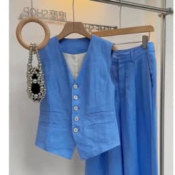 New High End Fashion Women's Two Piece Set Summer Elegant V-neck Sleeveless Tank Slim Shirt + Wide Leg Pants Trousers Suit