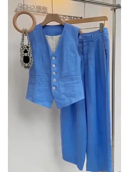 New High End Fashion Women's Two Piece Set Summer Elegant V-neck Sleeveless Tank Slim Shirt + Wide Leg Pants Trousers Suit