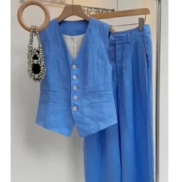 New High End Fashion Women's Two Piece Set Summer Elegant V-neck Sleeveless Tank Slim Shirt + Wide Leg Pants Trousers Suit