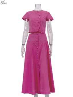 Oymimi Elegant Blue Cotton 2 Pieces Set For Woman Fashion O-Neck Short Sleeve Button Shirts And High Waist Mid-Calf Skirts Sets