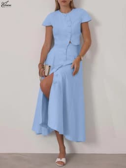 Oymimi Elegant Blue Cotton 2 Pieces Set For Woman Fashion O-Neck Short Sleeve Button Shirts And High Waist Mid-Calf Skirts Sets