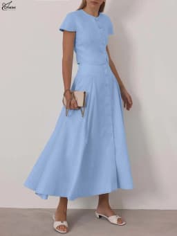 Oymimi Elegant Blue Cotton 2 Pieces Set For Woman Fashion O-Neck Short Sleeve Button Shirts And High Waist Mid-Calf Skirts Sets