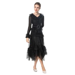 Women's Runway Dresses Sexy V Neck Long Sleeves Ruffles Mesh Elegant Fashion Casual Vestidos Prom