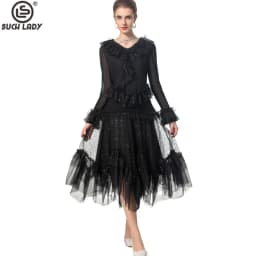 Women's Runway Dresses Sexy V Neck Long Sleeves Ruffles Mesh Elegant Fashion Casual Vestidos Prom