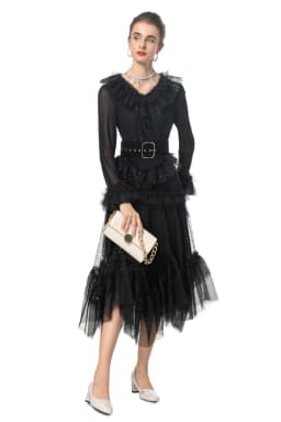 Women's Runway Dresses Sexy V Neck Long Sleeves Ruffles Mesh Elegant Fashion Casual Vestidos Prom