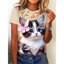 Cute Cat Pattern T Shirt For Women Animal 3D Printed Short Sleeves Summer Fashion Crew Neck Tops Girl Tees Oversized T-Shirts