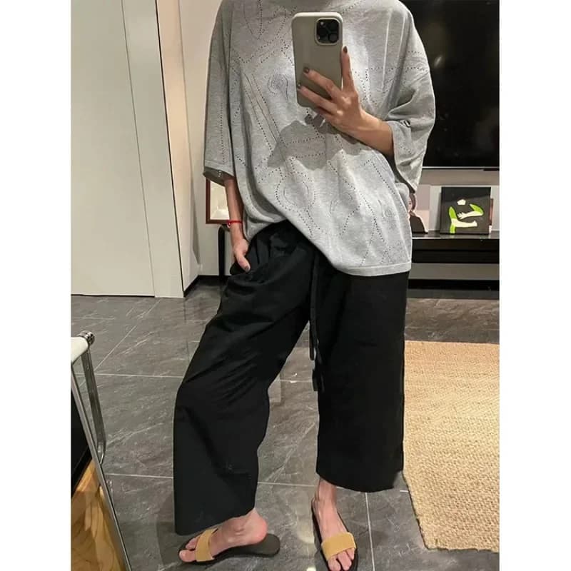 Summer New High-density Pure Cotton Drawstring Straight Wide-leg Black Pants