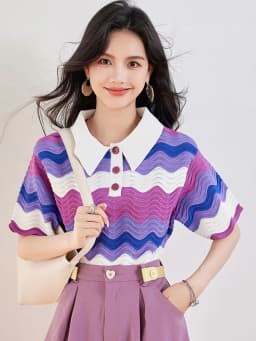 Women's Retro Contrasting Color Turn-down Collar T-shirt Summer 2024 New Casual Pullover Fashion Lazy Style Tops