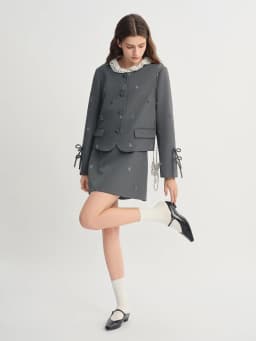 DUSHU Plus Size Sequined Round Neck Fashion Set For Women 2025 Autumn New Arrival Coat Gray Jacket Short Skirt Two-piece Set