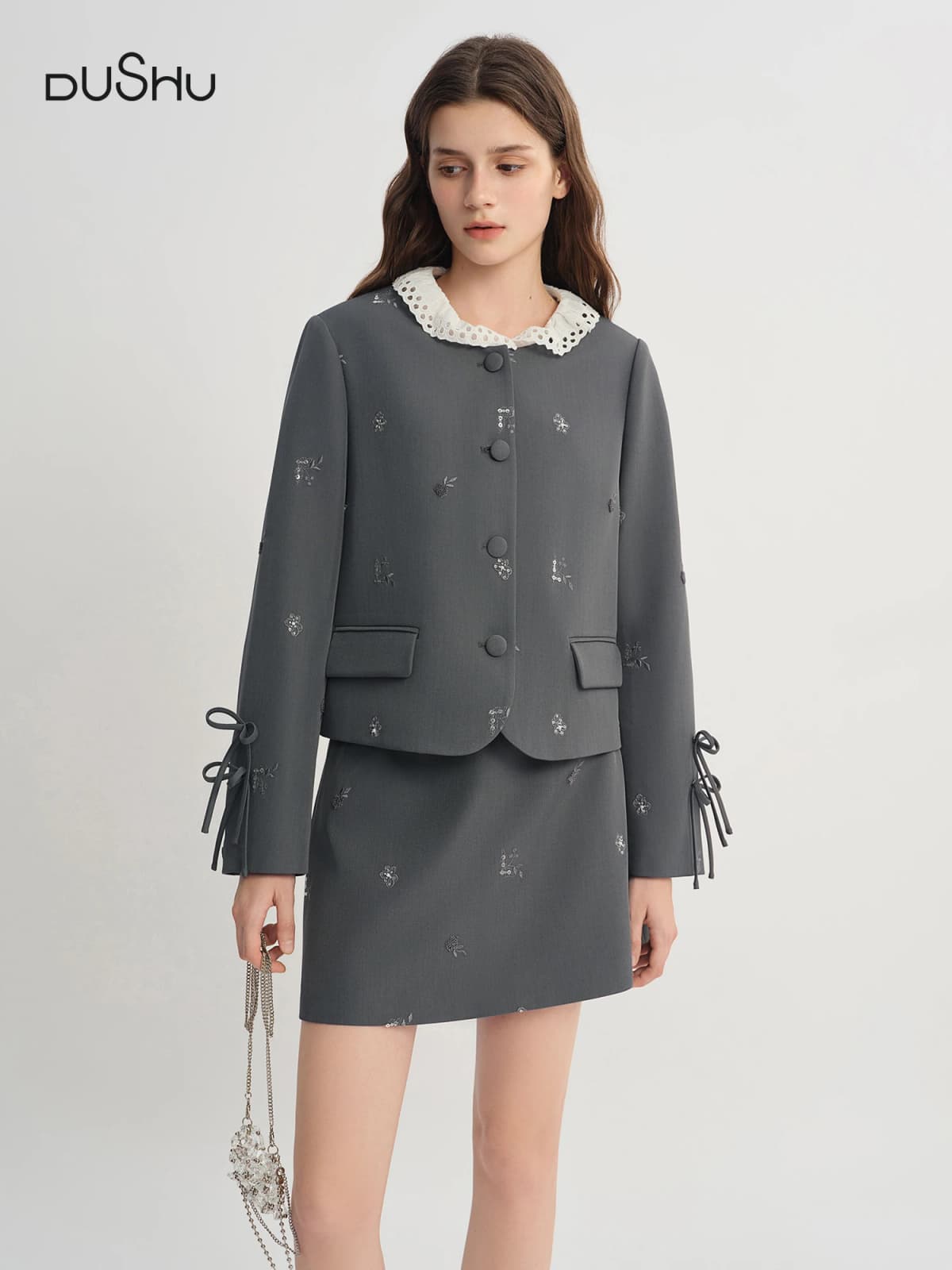 DUSHU Plus Size Sequined Round Neck Fashion Set For Women 2025 Autumn New Arrival Coat Gray Jacket Short Skirt Two-piece Set