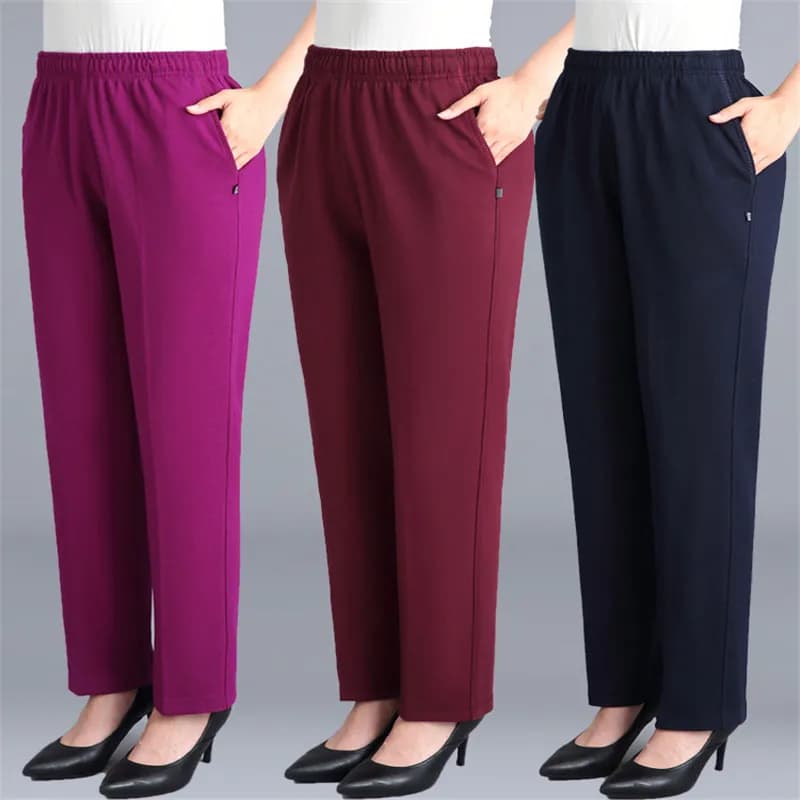 Black Cotton Middle-aged Mother Trousers New Loose Elastic Waist Casual Pants Spring Autumn Loose Solid Women's Straight Pants
