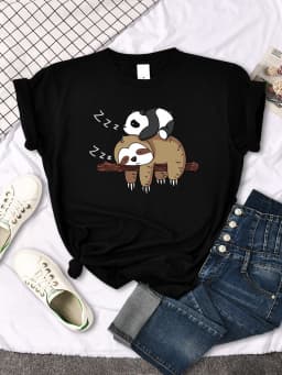 Panda Lying On A Sloth Printed Woman T-shirt Round Neck New Tshirts Fit Tee Shirt Oversized Short Sleeve Womens Tshirts