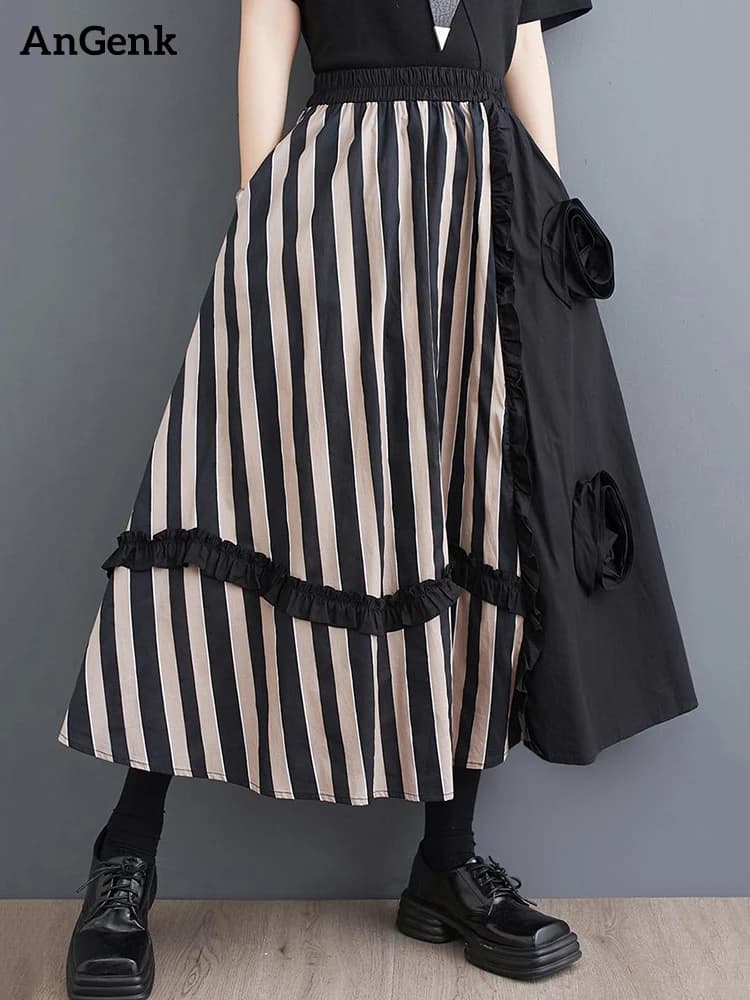 Striped Patchwork Floral Skirt Women Black Vintage High Waist Korean Fashion Loose Casual Long Skirts Clothes New Summer 2026