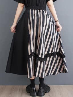 Striped Patchwork Floral Skirt Women Black Vintage High Waist Korean Fashion Loose Casual Long Skirts Clothes New Summer 2026