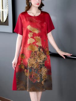 2024 Red Silk Floral Luxury Wedding Dress Summer Short Sleeve O-Neck Loose Waist Dress Women Korean Vintage Elegant Party Dress