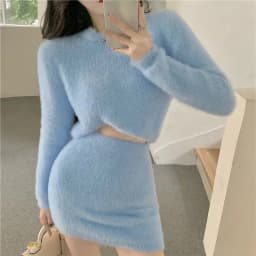 Blue Mohair Sweater Women's Autumn and Winter 2022 Fashion White Slim Outer Hip Skirt Two-piece Women's Short Skirt Set