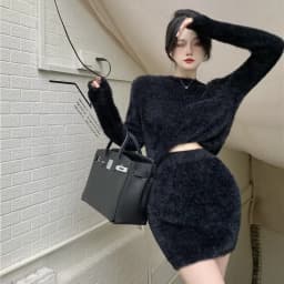 Blue Mohair Sweater Women's Autumn and Winter 2022 Fashion White Slim Outer Hip Skirt Two-piece Women's Short Skirt Set