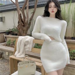 Blue Mohair Sweater Women's Autumn and Winter 2022 Fashion White Slim Outer Hip Skirt Two-piece Women's Short Skirt Set