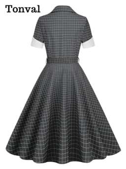 Tonval Notched Collar Single Breasted Women Grey Plaid Rockabilly Long Dresses High Waist Belted Vintage A-Line Dress 2023