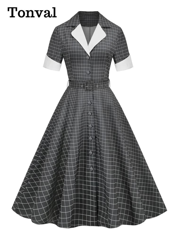 Tonval Notched Collar Single Breasted Women Grey Plaid Rockabilly Long Dresses High Waist Belted Vintage A-Line Dress 2023
