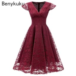 Pink Red Elegant Bridesmaid's Gown Women Vintage Robe Lace Dress Retro V Neck Ladies Party Gowns Formal Dress Vestido De Mujer