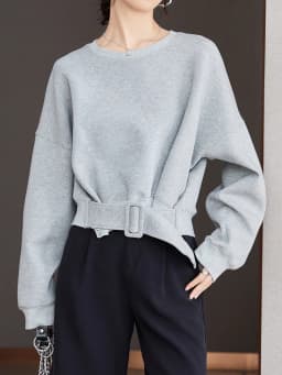 Cropped Tops Short Sweatshirts Fall Winter Women Plain Long Sleeve Belt Waist Loose Casual Oversize Pullover Korean Short Jumper