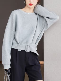 Cropped Tops Short Sweatshirts Fall Winter Women Plain Long Sleeve Belt Waist Loose Casual Oversize Pullover Korean Short Jumper