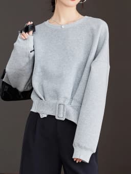Cropped Tops Short Sweatshirts Fall Winter Women Plain Long Sleeve Belt Waist Loose Casual Oversize Pullover Korean Short Jumper