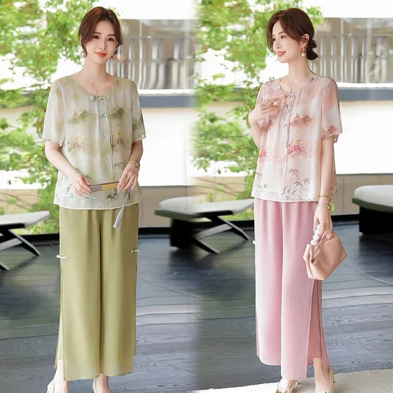 Mid aged Mother Summer Suit 2026 New Women's Short Sleeve Top Foreign Chiffon Two Piece Set Female Elegant Print Set