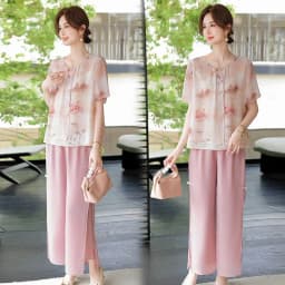 Mid aged Mother Summer Suit 2026 New Women's Short Sleeve Top Foreign Chiffon Two Piece Set Female Elegant Print Set