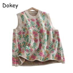 Women's Vintage Flower Knitted Sweater Vests, Japanese Mori Style, O-neck, Baggy Sleeveless Tops, Casual Retro Jumpers, Autumn