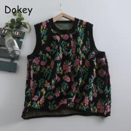Women's Vintage Flower Knitted Sweater Vests, Japanese Mori Style, O-neck, Baggy Sleeveless Tops, Casual Retro Jumpers, Autumn
