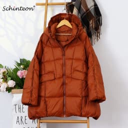 Schinteon Women White Duck Down Jacket with Hood Autumn Winter Warm Outwear Casual Loose Over Size Outwear Korean Style Coat New