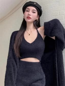Lnternet Famous hot Girl Three Piece Set for Women's 2024 Autumn Winter Suspender Half Skirt lazy Style Outerwear Cardigan Set