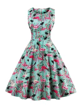Tonval Flamingo Print High Waist Pinup Retro Dress S to 4XL 95% Cotton Women O-Neck Sleeveless Summer 50s Vintage Dresses