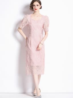 Summer Elegant Flower Embroidery Dress Women Solid Color Short Puff Sleeve Square Collar Mesh Lace Up Party Midi Dresses Vestido