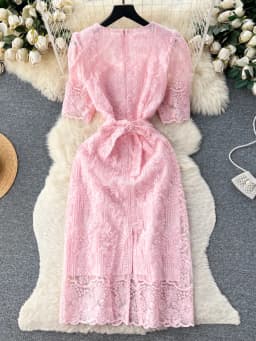 Summer Elegant Flower Embroidery Dress Women Solid Color Short Puff Sleeve Square Collar Mesh Lace Up Party Midi Dresses Vestido