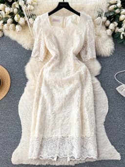 Summer Elegant Flower Embroidery Dress Women Solid Color Short Puff Sleeve Square Collar Mesh Lace Up Party Midi Dresses Vestido