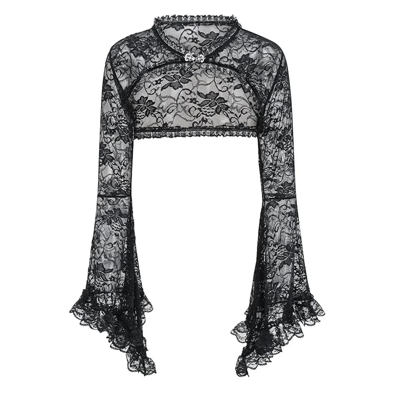 Black See Through Floral Lace Long Flare Sleeve y2k Dark Clothes Women Steampunk Coat Gothic Vintage Top Sexy Victorian Jacket