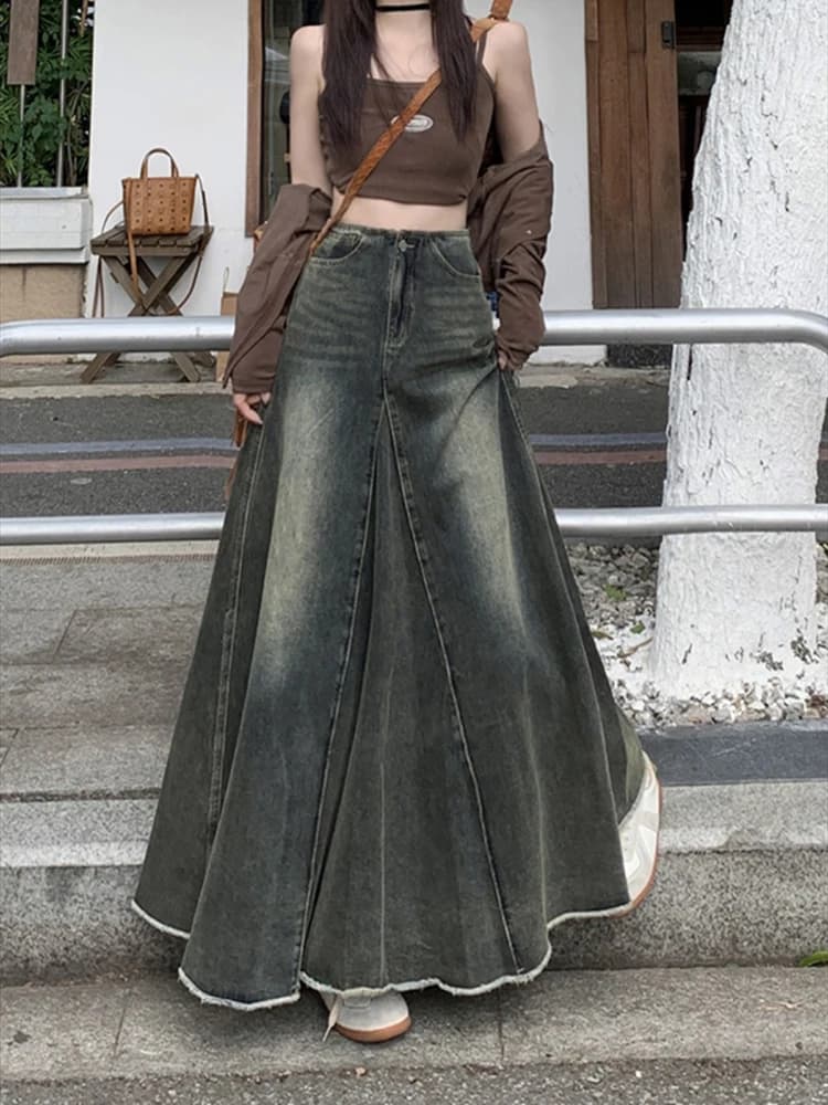 Maxi Long Skirts Women England Style Vintage Autumn Winter High Waist Jean Skirt Ladies A-Line Ruffle Pleated Denim Skirt