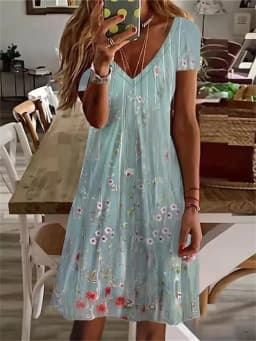 2023 Vintage Short Sleeve Women New Dress Summer Pullover Fashion Oversized Dress Casual Loose V-Neck Ladies Dress Flower Print