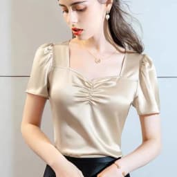 Plus Size Summer Square Neck Vintage Puff Sleeve Acetate Satin Shirt Khaki White Elegant British Style Wild Ice Silk Top Blouse