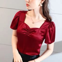 Plus Size Summer Square Neck Vintage Puff Sleeve Acetate Satin Shirt Khaki White Elegant British Style Wild Ice Silk Top Blouse