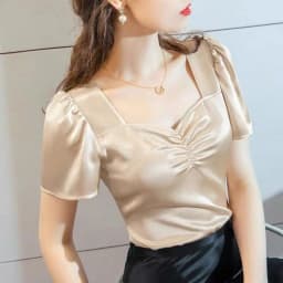 Plus Size Summer Square Neck Vintage Puff Sleeve Acetate Satin Shirt Khaki White Elegant British Style Wild Ice Silk Top Blouse