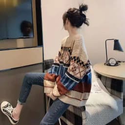 women sweater Autumn Winter Vintage Sweet O-Neck Full Pullovers Geometric Keep Warm Y2k Sweaters Women Loose