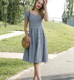 England Style Off  Shoulder Black Plaid Dress Retro Vintage 50s Rockabilly Pin Up Casual Party Dresses Plus Size Women Clothing