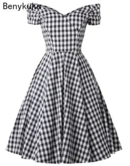 England Style Off  Shoulder Black Plaid Dress Retro Vintage 50s Rockabilly Pin Up Casual Party Dresses Plus Size Women Clothing